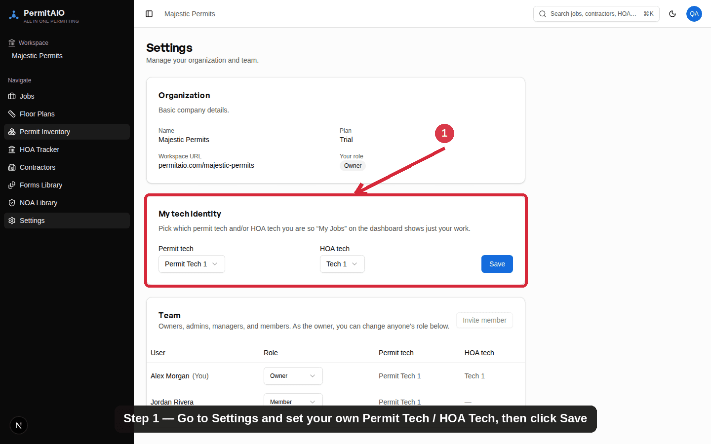PermitAIO Settings page with a My tech identity card showing Permit tech and HOA tech dropdowns