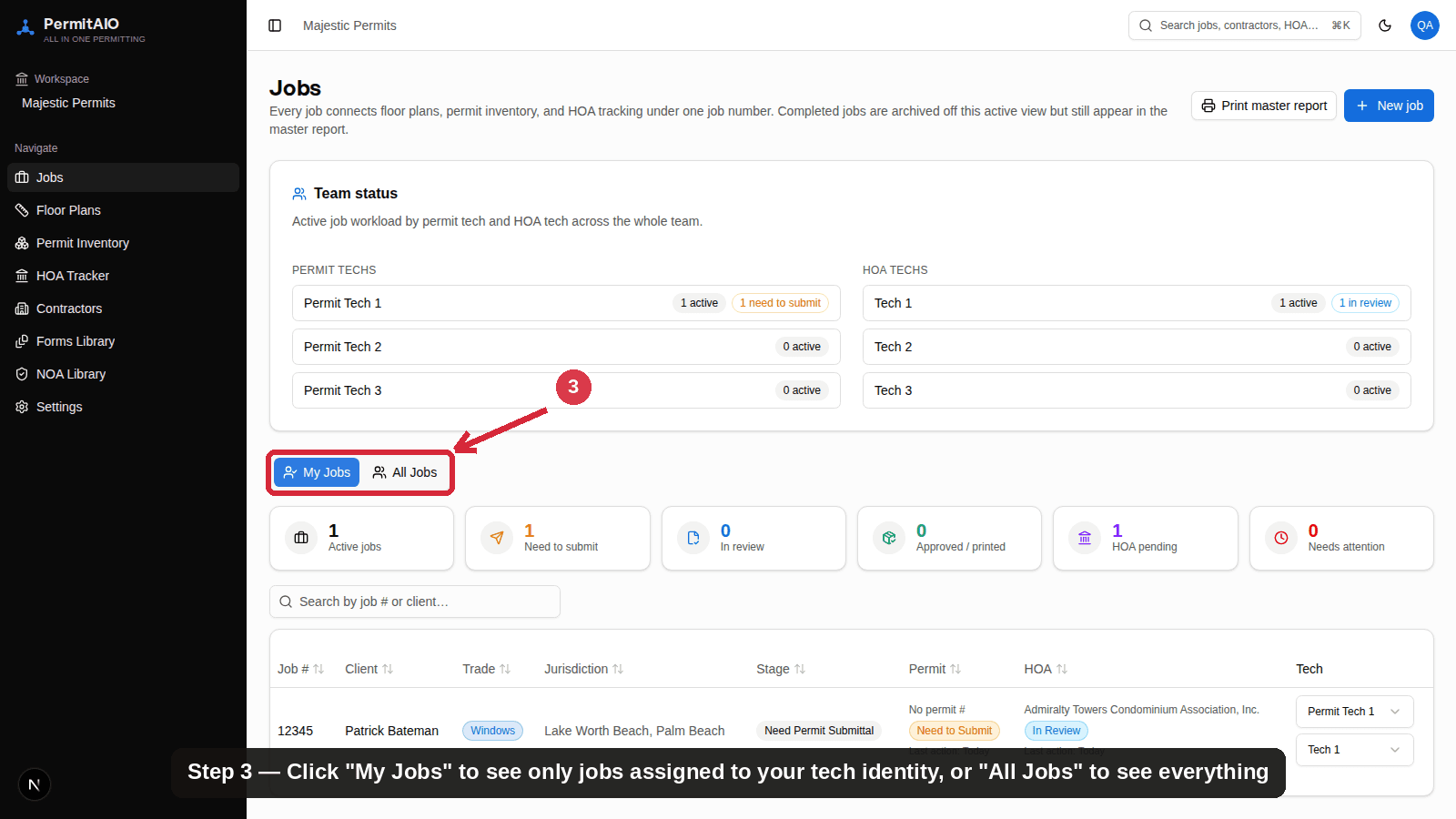 PermitAIO Jobs dashboard with a toggle between My Jobs and All Jobs views