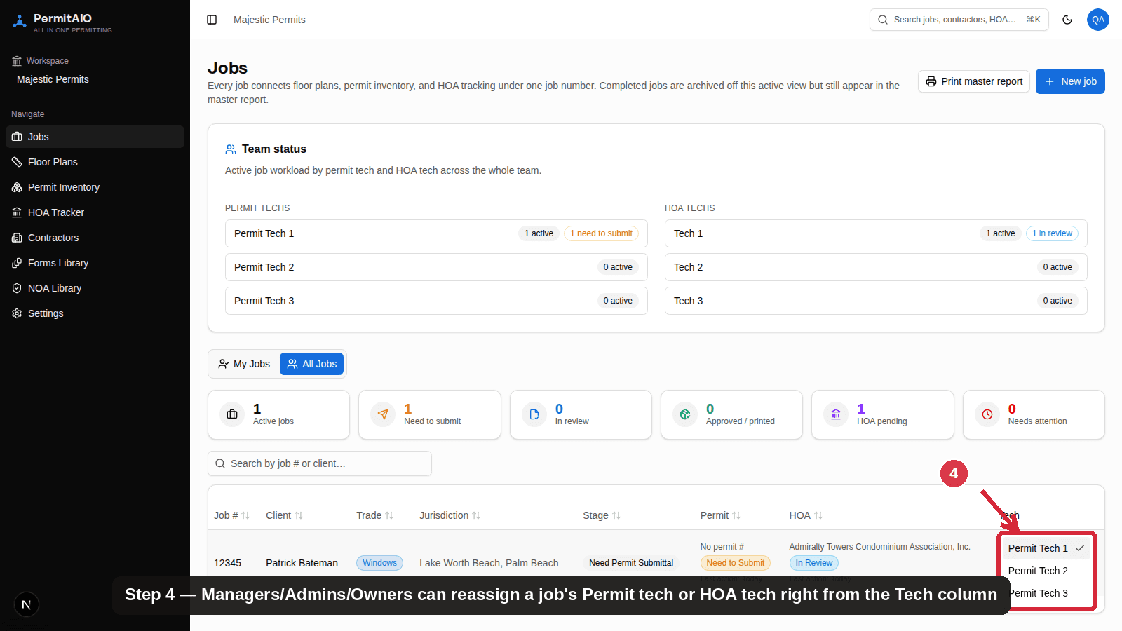PermitAIO Jobs table with a Tech column dropdown open to reassign the permit tech on a job