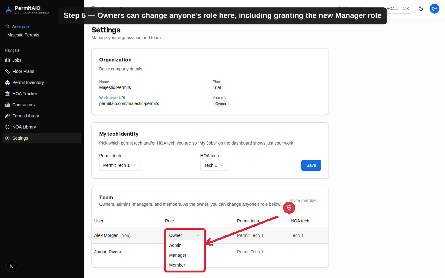 PermitAIO Settings Team section with a role dropdown showing Owner, Admin, Manager, and Member options